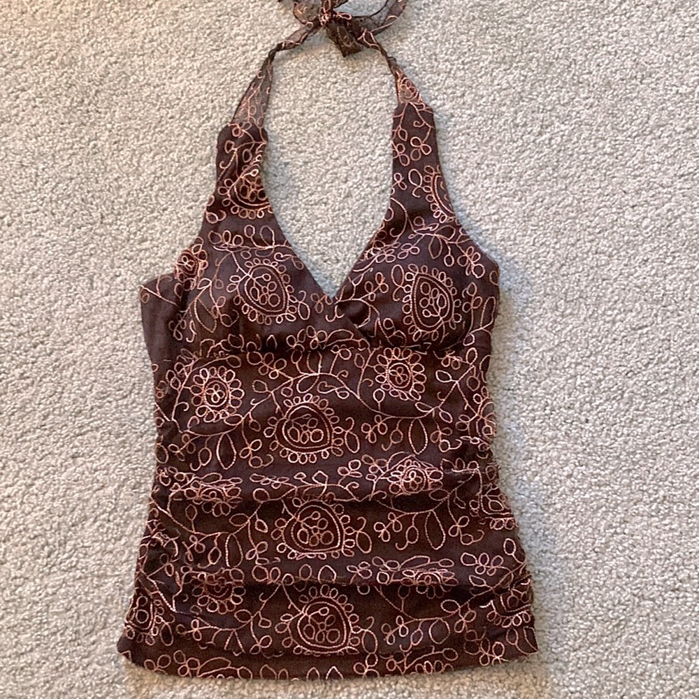 Heart Soul, size L, black lace and nylon floral flourish halter top